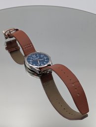 Precision By Gruen Men's Quartz Watch, Blue Dial, Brown Faux Leather Strap