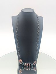 Vintage Boho Long Bronze Link Necklace Earth Tone Polished Stone Beads 28'