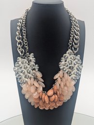 Chunky Statement Bib Necklace  Neutral Peach, Nude & Clear Crystal Beads