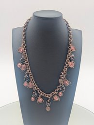 Artisanal Copper Tone Wire Wrap Necklace - Millefiori Beads & Pink Crystals