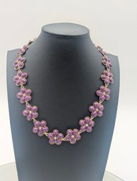 Purple Floral Statement Necklace  Gold-Tone Chain With Faceted Flower Links
