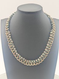 Silver-Tone Chunky Chain Necklace With Green Cord & Rhinestone Accents