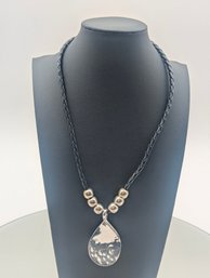 Black Braided Cord Necklace With Silver-Tone Hammered Teardrop Pendant