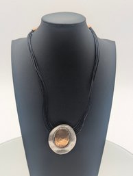 Chicos Multi-Strand Black Cord Necklace With Two-Tone Oval Pendant