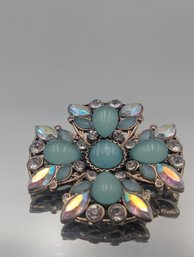 Vintage Rhinestone & Aqua Cabochon Floral Brooch