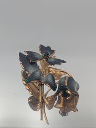 Vintage Austrian Black Enamel & Green Rhinestone Floral Brooch