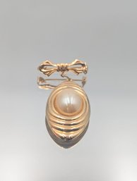 Gold-Tone Bow And Pearl Brooch