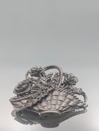 Pewter-Tone Flower Basket Brooch With Rhinestone Accents