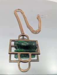Simon Kops Bronze & Green Glass Modernist Pendant  12K Gold Filled Chain