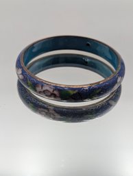 Blue Cloisonn Floral Bangle Bracelet  Brass Tone
