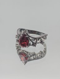 Sterling Silver 925 Pear Cut Red Stone Ring Filigree Size 7