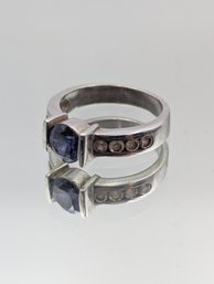 925 Sterling Silver Ring W/ Blue Color Stone & Diamond Accents Size 7.5