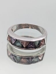 Silver Tone Ring W/ Multi-Color Triangle Cut Stones Size 9