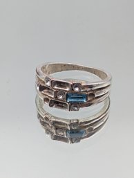 Silver Tone Ring W/ Blue Baguette Stone & Clear Accent Stones Size 9