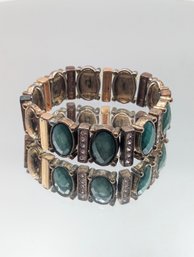 Gold Tone Stretch Bracelet Green Faceted Stones & Rhinestone Accents