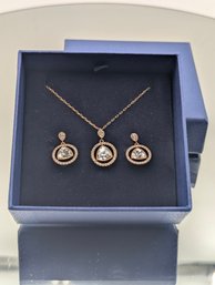 Swarovski Crystal Necklace & Earrings Set Gold Tone Halo Pendant