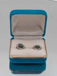 Genuine Jade Cabochon Rhinestone Halo Screw Back Earrings