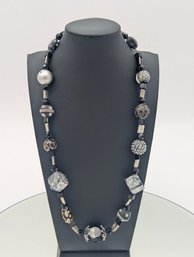 Chunky Black & Silver Mixed Media Statement Necklace - Magnetic Clasp 24'