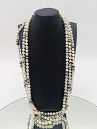 Single Long Strand Knotted Faux Pearl Necklace - Black & Silver Rondelle Spacers