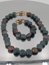 Green Stone Beaded Necklace & Bracelet Set Hammered Copper Accent Lobster Clasp