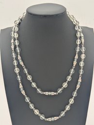 Long Frosted & Clear Glass Bead Necklace Silver Tone Spacers