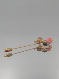 Gold Tone Rose Stick Pin Pink Carved Flower Lapel Hat Pin