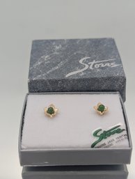 Storrs Genuine Jade Leaf Stud Earrings Gold Tone With Box