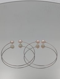 Set Of 2 Silver Tone Faux Pearl Open Cuff Bangles