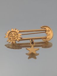 Gold Tone Celestial Sun, Moon, & Star Dangle Brooch