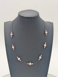 Floating Faux Pearl Pink Crystal Illusion Necklace Clear Wire