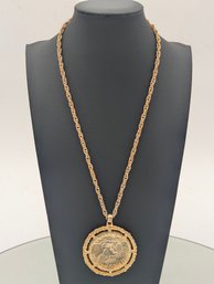 1972 Eisenhower Dollar Coin Pendant Necklace Rope Bezel Gold Tone Chain