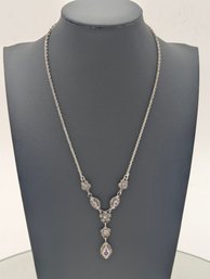 925 Sterling Silver Marcasite Amethyst Drop Necklace- 8.45g