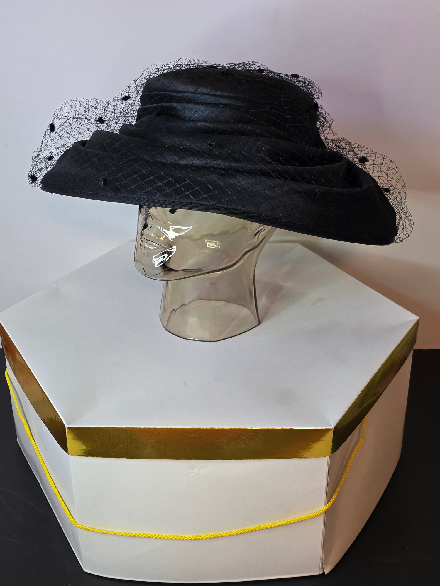 Vintage Black Hat With Polka Dot Mesh Veil And Satin Rose- 1950's