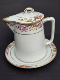Antique Hand Painted Gilded Floral Nippon Porcelain Lidded Syrup Pitcher And Underplate Set