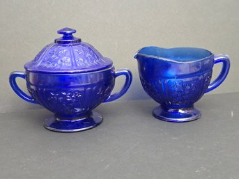 Vintage Hazel Atlas Cobalt Blue Depression Glass Cream And Sugar Set Floral Embossed 1930s