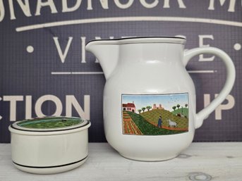Vintage Villeroy & Boch Design Naif European Porcelain Pitcher Trinket Box Lot Luxembourg Farmscape Folk Art