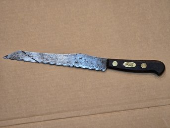 Vintage Robeson ShurEdge Red Pig Serrated Bread Knife Black Wood Handle Brass Rivets