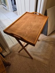 Vintage Oak Butler Tray On Folding Stand Mid-Century Serving Table