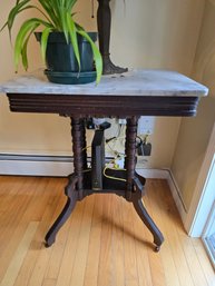 Antique Victorian Marble Top Side Table Eastlake Style Walnut Carved Apron