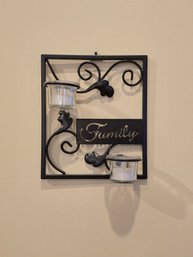 Black Metal Family Wall Sconce Candle Holder 2 Glass Votives Scroll Design