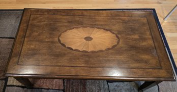 Large Wood Coffee Table 2 Drawers Inlay Sunburst Detail Dark Finish