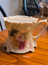Antique Porcelain Shaving Mug Scuttle Green Pink Floral Mustache Guard