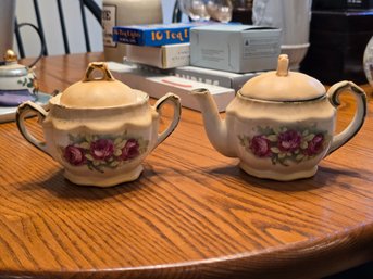 Antique Czechoslovakia Teapot And Sugar Bowl Pink Rose Floral China Tea Set
