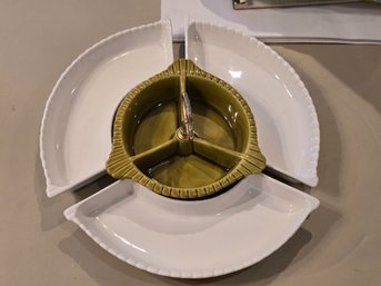 Vintage California USA Pottery Relish Set Avocado Green Divided Dish White Leaf Trays
