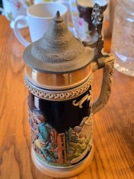 Vintage West Germany Beer Stein Pewter Lid Relief Alpine Tavern Scene Figural Handle