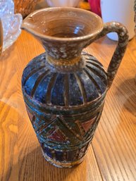 Vintage Italian Art Pottery Pitcher Geometric Relief Multicolor Glaze Terracotta