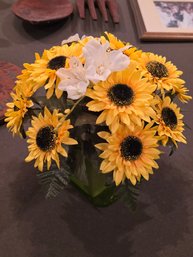 Green Glass Square Vase With Silk Sunflower And White Floral Arrangement