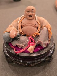 Vintage Laughing Buddha Figurine On Carved Wood Stand