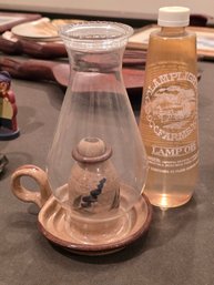 Vintage Studio Pottery Stoneware Base Oil Lamp With Glass Chimney And Lamp Oil Lot