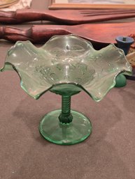 Vintage Green Glass Compote Pedestal Dish Ruffled Edge Embossed Floral Pattern